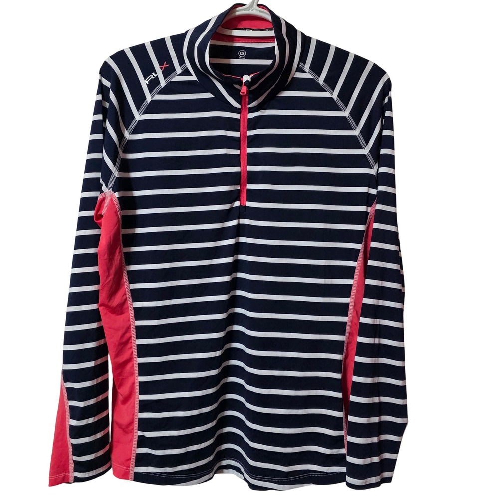 RLX Ralph Lauren Women Large Quarter Zip Pullover Navy Pink Stripe Golf Active